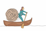 Single continuous line drawing businesswoman sailing away on boat with messy line. Stressed office worker escape from chaotic or anxiety minded. Mental health. One line draw design vector illustration