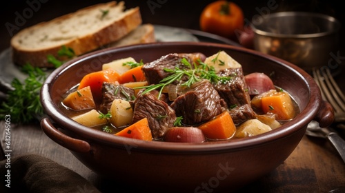 an image of a hearty bowl of beef stew with chunks of tender meat and root vegetables