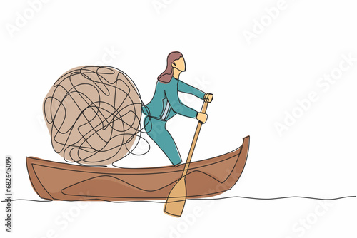 Single continuous line drawing businesswoman sailing away on boat with messy line. Stressed office worker escape from chaotic or anxiety minded. Mental health. One line draw design vector illustration