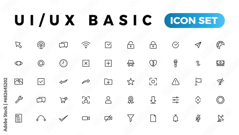 Basic User Interface Essential Set. ui/ux Line Outline Icons. For App, Web, Print. Editable Stroke. Basic User Interface Essential Set. ui/ux Line Outline Icons. For App, Web, Print. Editable Stroke.