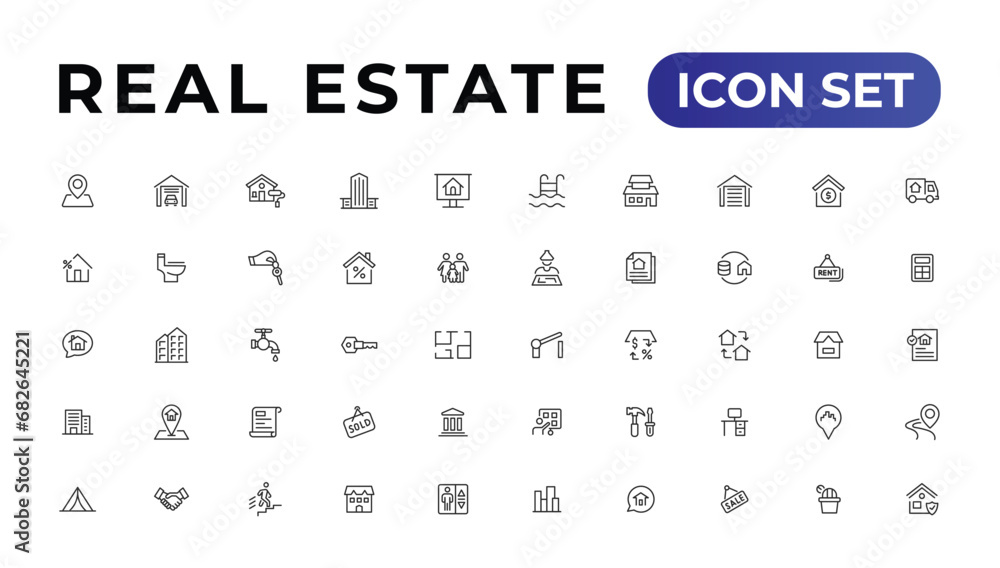 Real Estate minimal thin line web icon set. Included the icons as realty, property, mortgage, home loan and more. Outline icons collection. Real Estate minimal thin line web icon set. Included the icons as realty, property, mortgage, home loan and more. Outline icons collection.