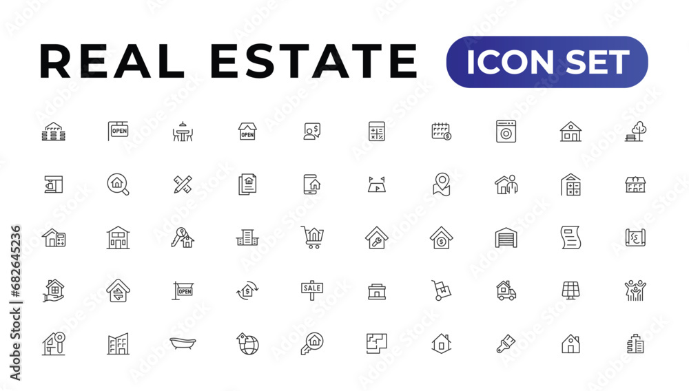 Real Estate minimal thin line web icon set. Included the icons as realty, property, mortgage, home loan and more. Outline icons collection. Real Estate minimal thin line web icon set. Included the icons as realty, property, mortgage, home loan and more. Outline icons collection.