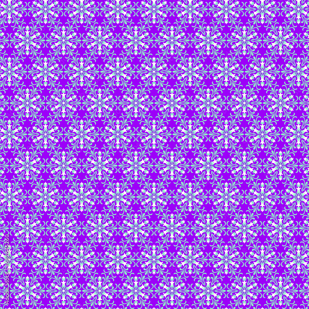 Bright festive New Year Christmas winter pattern White green snowflakes on a bright purple violet background