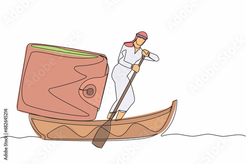 Continuous one line drawing rich Arab businessman sailing away on boat with purse. Financial planning strategy for personal use. Money management. Single line draw design vector graphic illustration