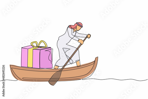 Single one line drawing Arabian businessman sailing away on boat with gift box. Year-end prizes for outstanding employees. Appreciation from company. Continuous line design graphic vector illustration