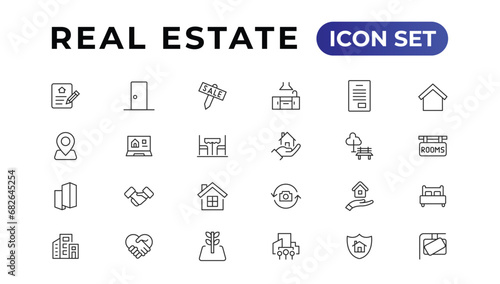 Real Estate minimal thin line web icon set. Included the icons as realty  property  mortgage  home loan and more. Outline icons collection.