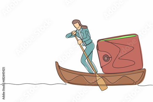 Continuous one line drawing businesswoman sailing away on boat with purse. Financial planning strategy for personal use. Money management concept. Single line draw design vector graphic illustration
