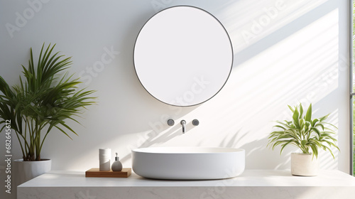 White bathroom interior design  countertop washbasin with faucet on white counter and round mirror in modern minimal washroom  front view with sunlight  3D illustration.