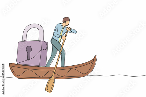 Single one line drawing businessman standing in boat and sailing with padlock. Shipping protection at ocean from pirate. Security in business at sea. Continuous line design graphic vector illustration
