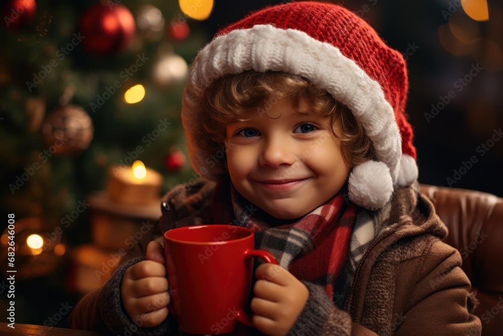 A boy in a down jacket, hat and mittens drinks tea from a mug with A boy in a down jacket, hat and mittens drinks tea from a mug with