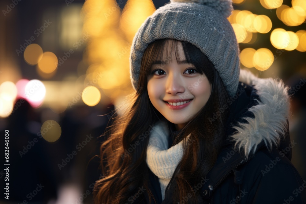 A smiling asian female teen standing child in the city A smiling asian female teen standing child in the city