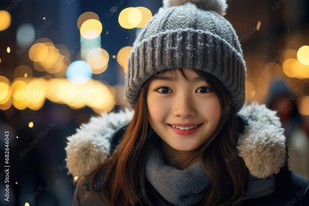 A smiling asian female teen standing child in the city square at nigh with a lit up Christmas tree A smiling asian female teen standing child in the city square at nigh with a lit up Christmas tree