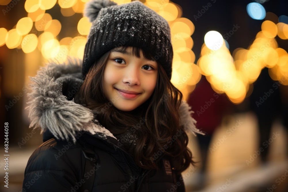 A smiling asian female teen standing child in the city square at nigh with a lit up Christmas tree A smiling asian female teen standing child in the city square at nigh with a lit up Christmas tree