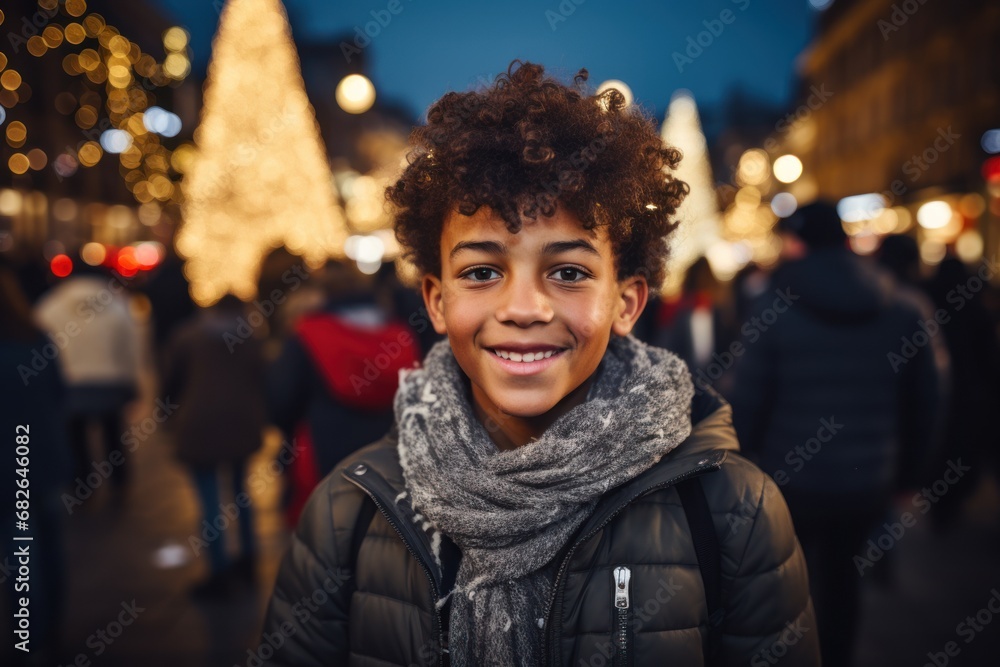 A smiling mixed race black teen standing child in the city square A smiling mixed race black teen standing child in the city square