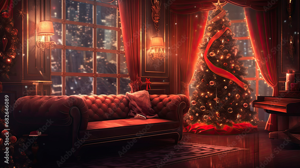 Evoke the holiday cheer with a picture of a Christmas tree adorned in red, set against a 
