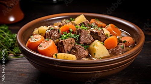 an image of a hearty bowl of beef stew with chunks of tender meat and root vegetables