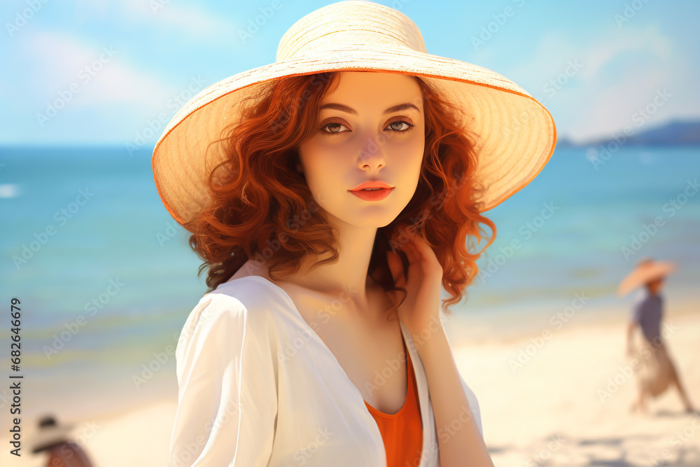 Fashion, style, lifestyle, leisure and nature concept. Beautiful young woman in beach portrait during sunny day. Sea or ocean, beach and hills in background during sunny and warm summer day