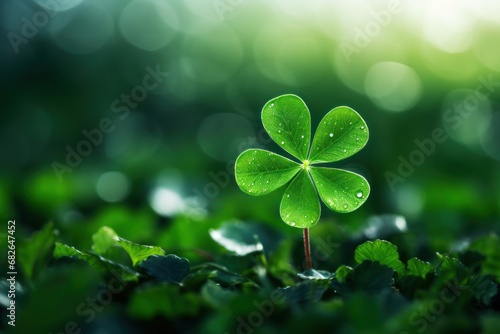 Four-leaf green clover for good luck on St. Patrick's Day, bright green photo
