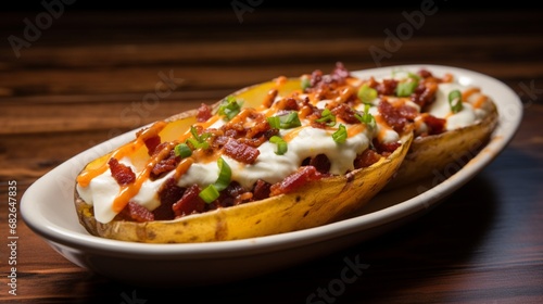 an image of a loaded barbecue potato skin appetizer with melted cheese and bacon
