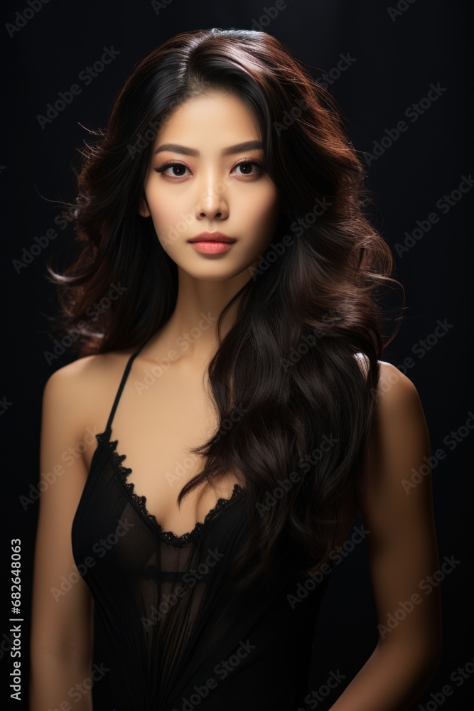 Portrait of beautiful Japanese women with light sand blonde Loose side french braid hair wearing dress Portrait of beautiful Japanese women with light sand blonde Loose side french braid hair wearing dress