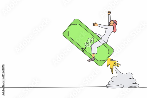 Single one line drawing Arab businessman riding banknote money rocket flying in the sky. Investment opportunity, visionary to make profit, financial growth. Continuous line design vector illustration