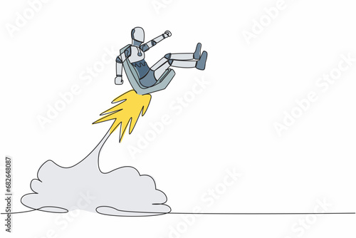 Single one line drawing robot riding office chair rocket flying in the sky. Boost career tech development. Robotic artificial intelligence technology. Continuous line draw design vector illustration