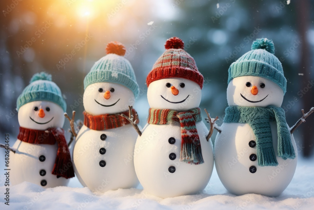 Snowman group in winter forest. Merry snowmen are standing in a snowy meadow. Generative AI Snowman group in winter forest. Merry snowmen are standing in a snowy meadow. Generative AI