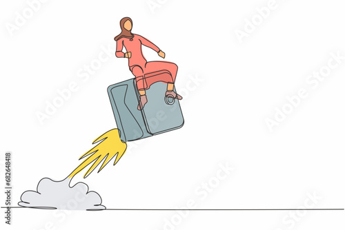 Single one line drawing Arab businesswoman riding safe deposit box rocket flying in sky. Keeping money in bank, protecting savings in safe. Secure finance. Continuous line design vector illustration