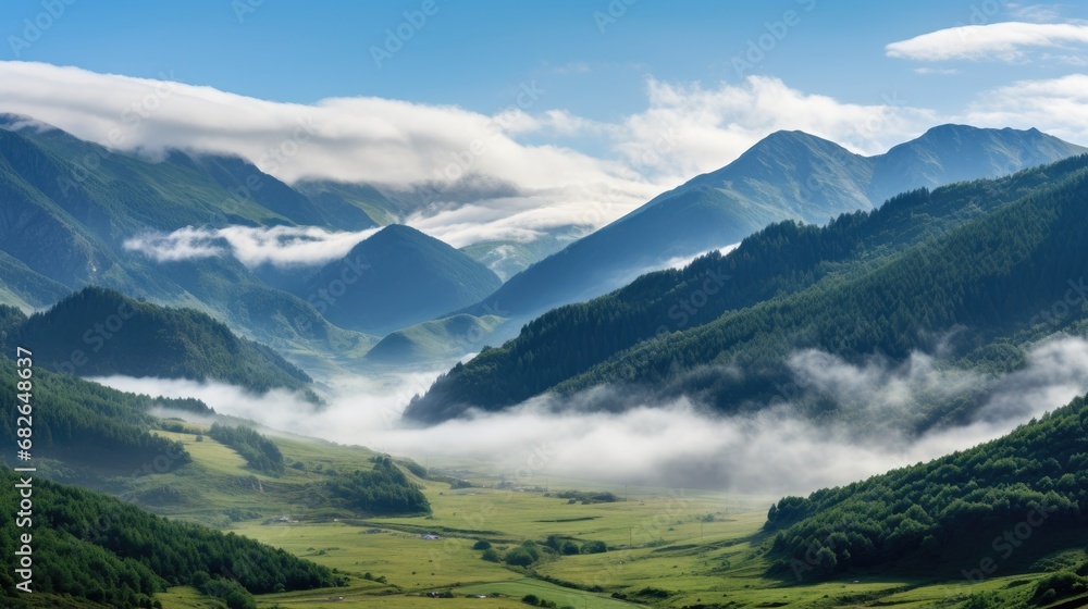 Clouds over a mountain valley.