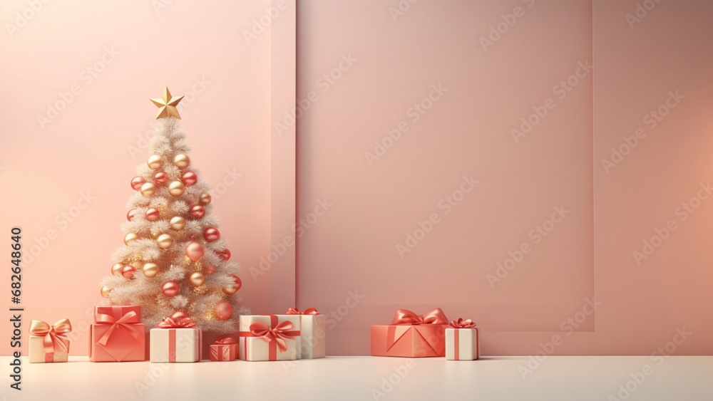 Rose gole tone, Christmas tree and Gife box in Chirstmas festival Rose gole tone, Christmas tree and Gife box in Chirstmas festival