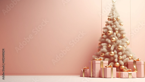 Rose gole tone, Christmas tree and Gife box in Chirstmas festival photo