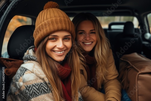 Two girls in winter clothes are sitting in the luggage compartment