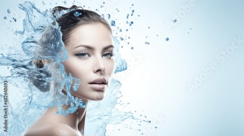 Beautiful spa woman with water splashes. Moisturizing facial skin, beauty and care