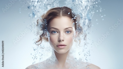 Beautiful spa woman with water splashes. Moisturizing facial skin  beauty and care