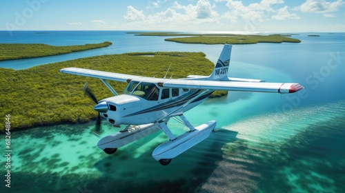 Seaplane landing in the ocean lagoon. The takeoff of a seaplane from the ocean beach.
