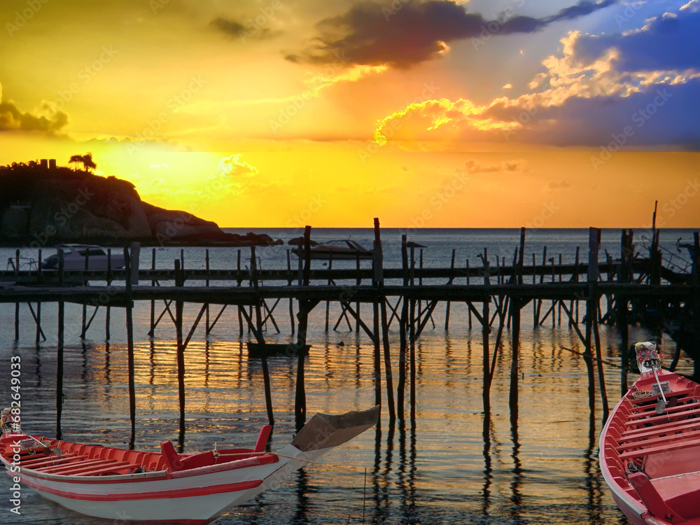 Fototapeta premium Traditional Thai wooden longtail boats on the Ko Tao Island.