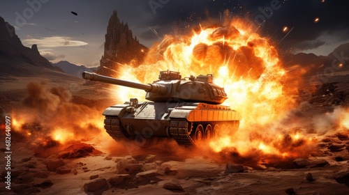 tank on war zone fire and smoke in the desert background photo