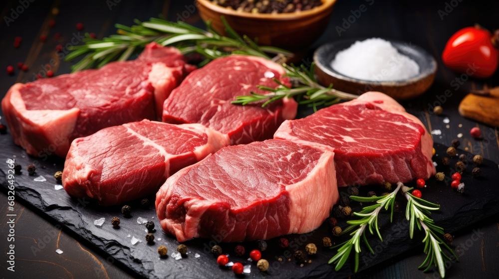  raw beef steaks with rosemarine