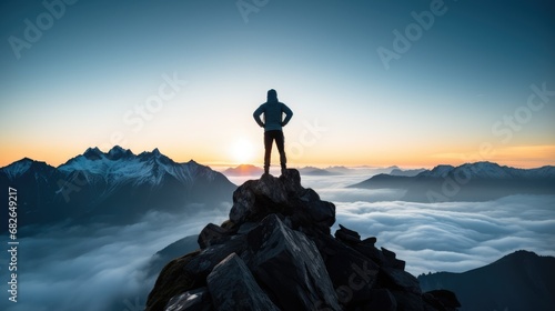 Silhouette of a man on top of a mountain peak