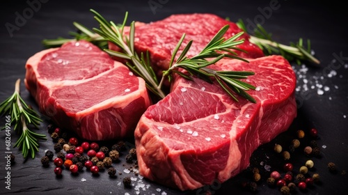  raw beef steaks with rosemarine