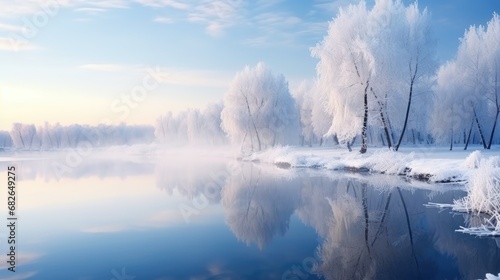 Winter landscape with beautiful reflection in the water