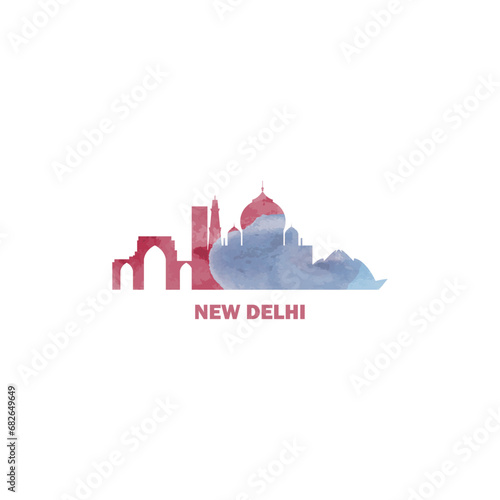 New Delhi watercolor cityscape skyline city panorama vector flat modern logo, icon. India capital, megapolis emblem concept with landmarks and building silhouettes. Isolated graphic