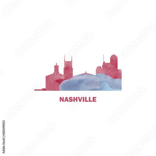 Nashville city US watercolor cityscape skyline panorama vector flat modern logo icon. USA  Tennessee state of America emblem with landmarks and building silhouettes. Isolated red and blue graphic