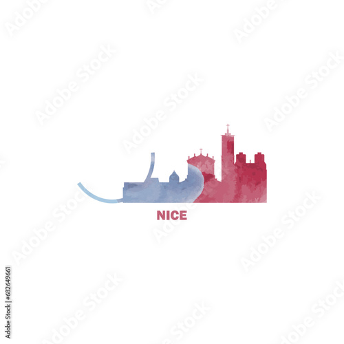 Nice watercolor cityscape skyline city panorama vector flat modern logo, icon. France, French riviera town emblem concept with landmark silhouettes. Isolated graphic