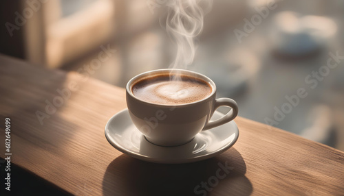 Top view a cup of hot coffee with steaming above the cup setting on wooden table 