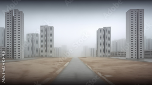 Road leading to the gloomy district with boring gray skyscrapers. Construction project in the middle of a desert, dull and dusty. Unfinished new buildings. Uninhabited modern ghost city.