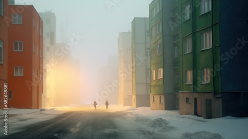 Two people walking on the street in a gloomy snowy city. Residential buildings during heavy snowstorm, looking abandoned. Harsh living in a northern town. photo