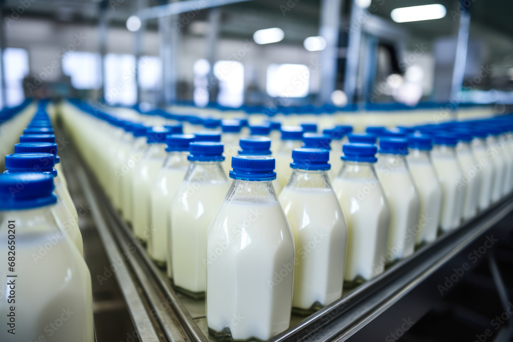 Obraz premium Dairy factory line bottles and packages delicious milk for distribution