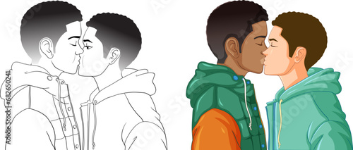 Gay couple cartoon kissing