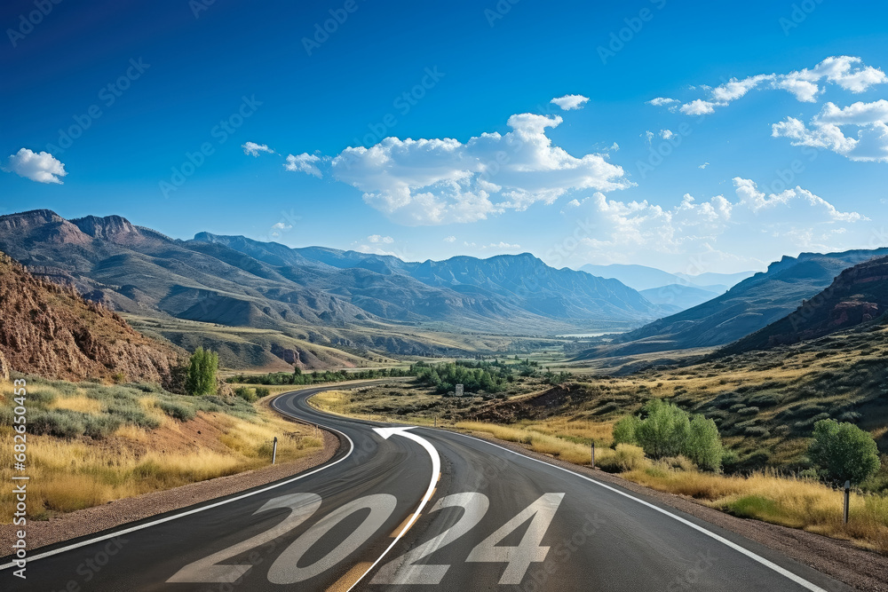 New year 2024 concept, Highway road and beautiful nature to start the new year 2024